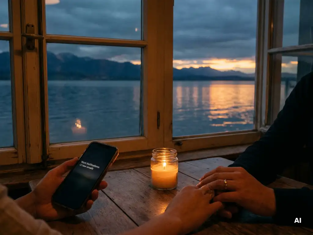 Hand greift zum Smartphone mit Arbeitsbenachrichtigungen, während die andere nach einem Partnerhand über Abendtisch greift, Kerze und Bodensee im Hintergrund.