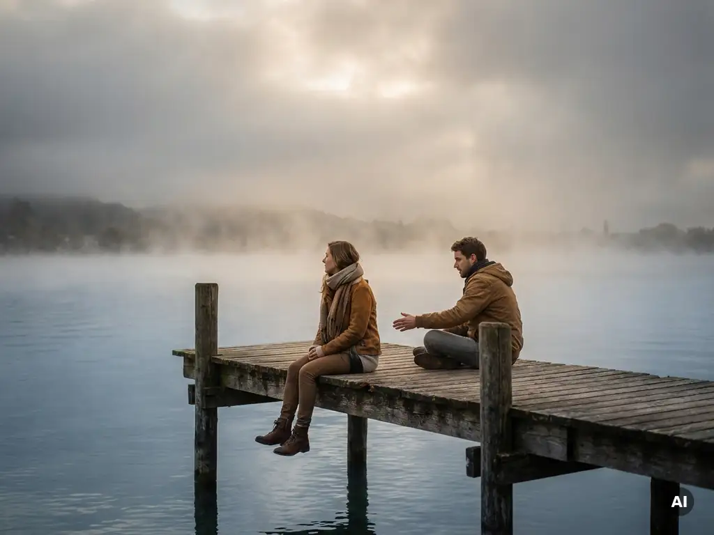 Paar sitzt mit emotionaler Distanz auf verwittertem Holzsteg über dem Bodensee im sanften Morgenlicht.