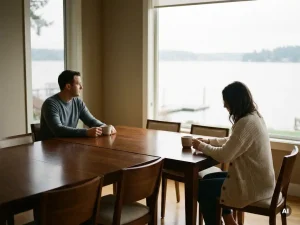 Ehepaar sitzt schweigend an den gegenüberliegenden Enden eines langen Holztisches in einem Haus am See, emotionale Distanz spürbar.