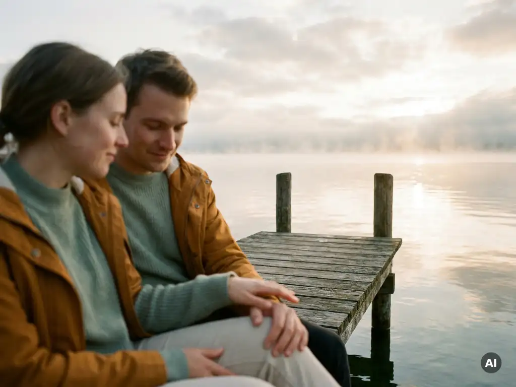 Paar sitzt auf einem Holzsteg am Bodensee im Morgenlicht, eine Hand streckt sich zögernd zur anderen aus, sanfter Nebel über ruhigem Wasser.