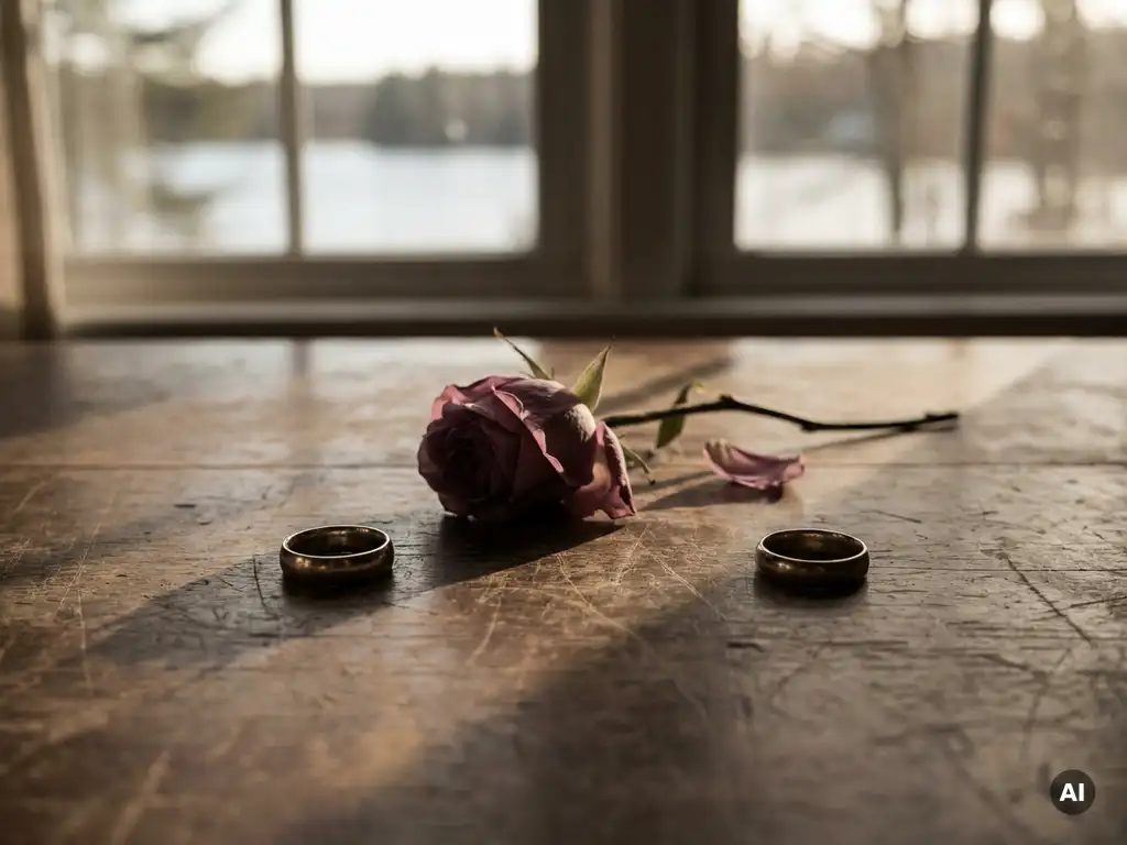 Zwei Eheringe auf verwittertem Holztisch mit welkender Rose dazwischen, weiches Nachmittagslicht vom Seefenster, melancholische Stimmung.
