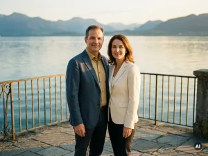 Selbstbewusstes Paar in eleganter Business-Casual-Kleidung auf einer sonnigen Seeterrasse am Bodensee bei goldenem Abendlicht.