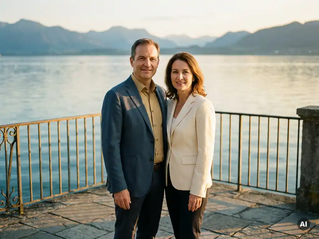 Selbstbewusstes Paar in eleganter Business-Casual-Kleidung auf einer sonnigen Seeterrasse am Bodensee bei goldenem Abendlicht.