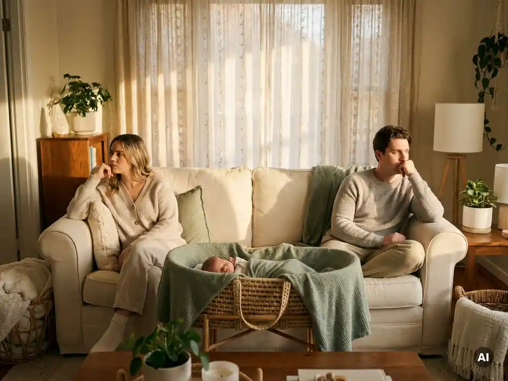 Junges Paar sitzt getrennt auf einem Sofa mit schlafendem Neugeborenen im Bettchen dazwischen, emotionale Distanz nach der Geburt.