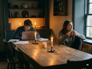Paar sitzt an entgegengesetzten Enden eines langen Holztisches, Partner am Laptop, andere Person hält Kaffeetasse und blickt nachdenklich in die Ferne.