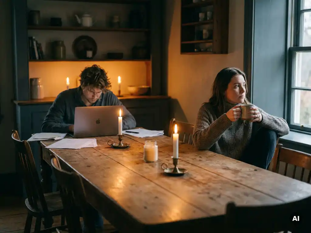 Paar sitzt an entgegengesetzten Enden eines langen Holztisches, Partner am Laptop, andere Person hält Kaffeetasse und blickt nachdenklich in die Ferne.
