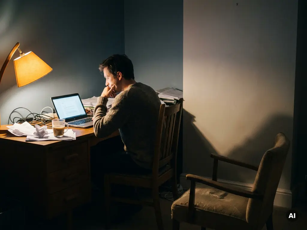 Freiberufler arbeitet spät nachts allein am unaufgeräumten Schreibtisch, kalter Kaffee neben Rechnungen, warmes Lampenlicht.