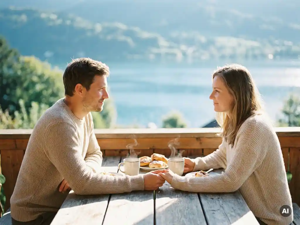 Paar beim Frühstück auf sonniger Holzterrasse am Bodensee mit zwei dampfenden Kaffeetassen, grüne Landschaft im Hintergrund.