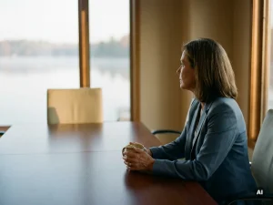 Geschäftsfrau mit Kaffeebecher an poliertem Konferenztisch, nachdenklicher Blick, leerer Stuhl gegenüber, Seelicht durch hohe Fenster.