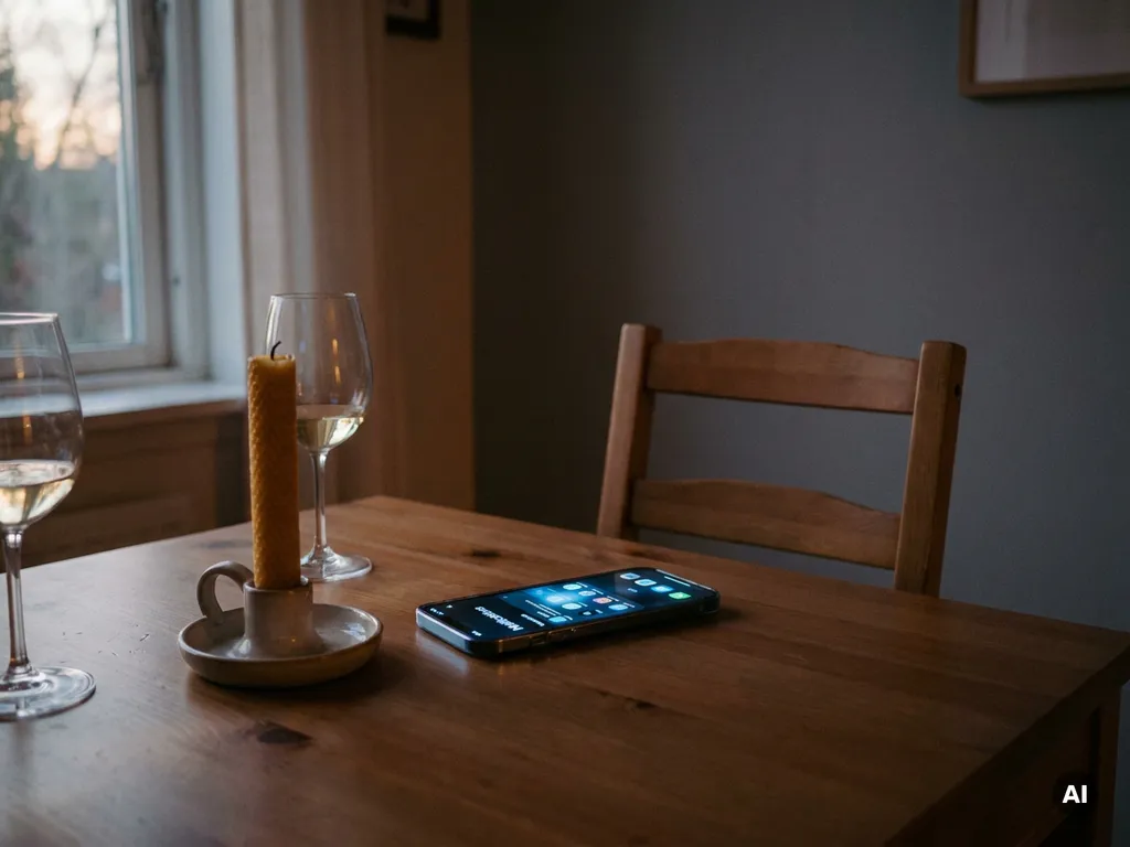 Smartphone mit Benachrichtigungen auf einem Abendtisch, zwei Weingläser und unberührte Kerze, leerer Stuhl im Hintergrund.
