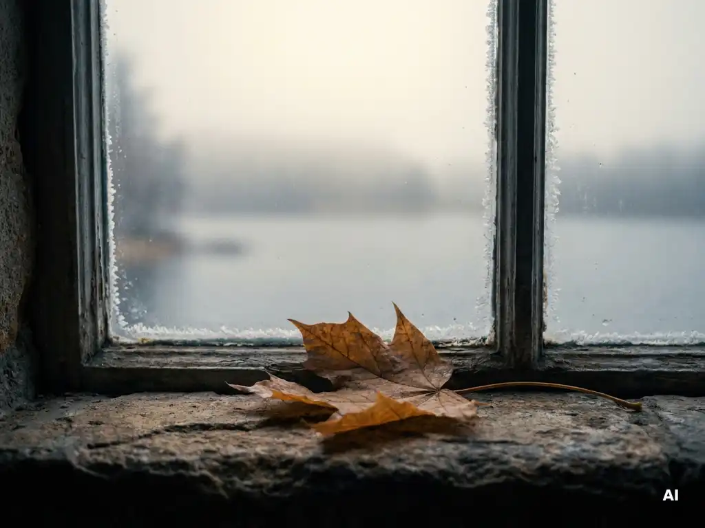 Getrocknetes Herbstblatt auf frostiger Steinfensterbank mit vernebeltem Seepanorama im Hintergrund, gedämpfte Amber- und Schieferblautöne.
