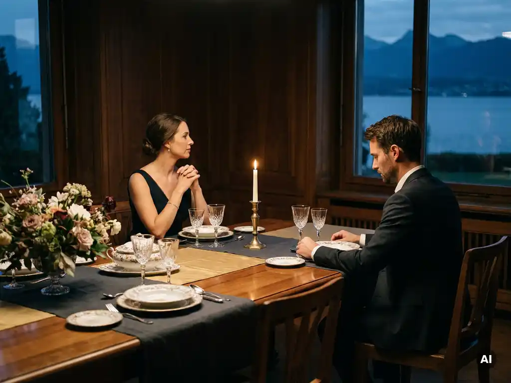 Paar sitzt an elegantem Tisch mit ungleichen Gedecken, eine Kerze beleuchtet emotionale Distanz, Bodensee im Abenddämmerlicht im Hintergrund.