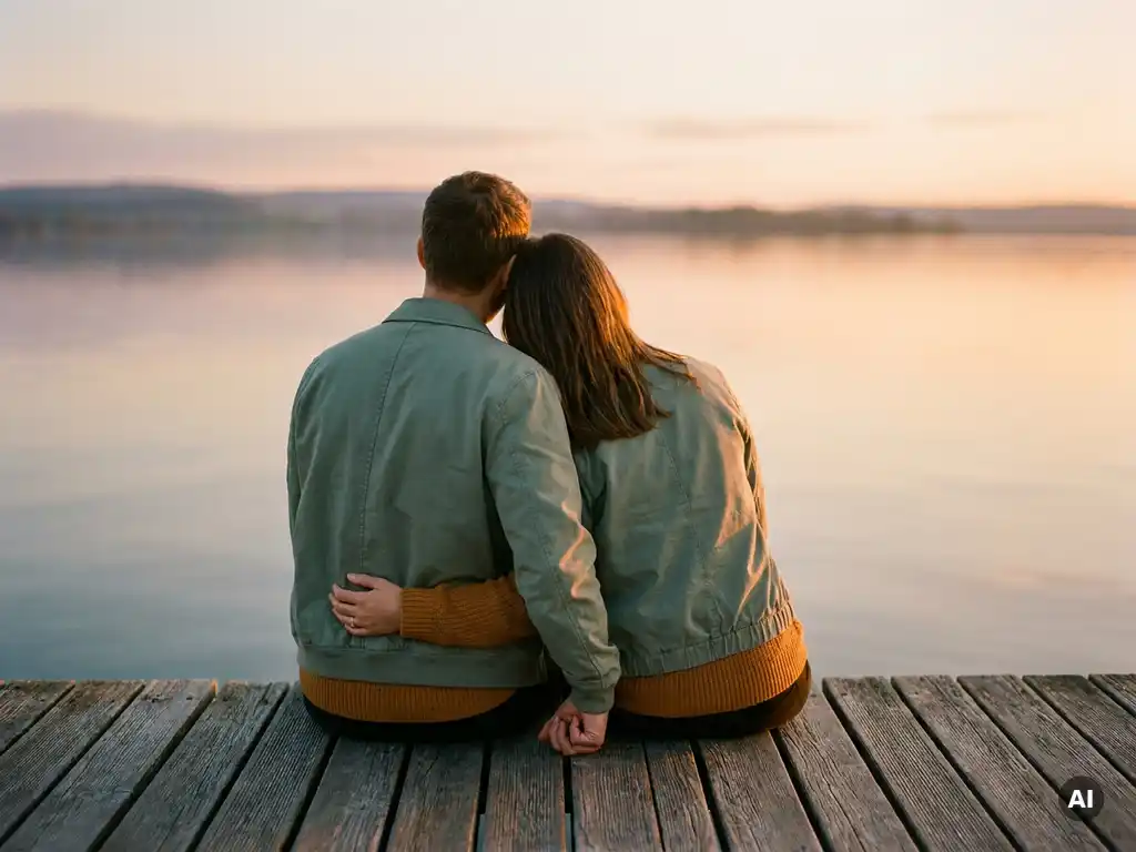 Paar sitzt schulterberührend auf einem Holzsteg am Bodensee im goldenen Abendlicht, ruhiges Wasser spiegelt warme Töne wider.