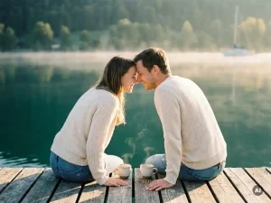 Paar sitzt auf einem Holzsteg am Bodensee, Kaffeetassen zwischen ihnen, morgendlicher Nebel über dem ruhigen Wasser.