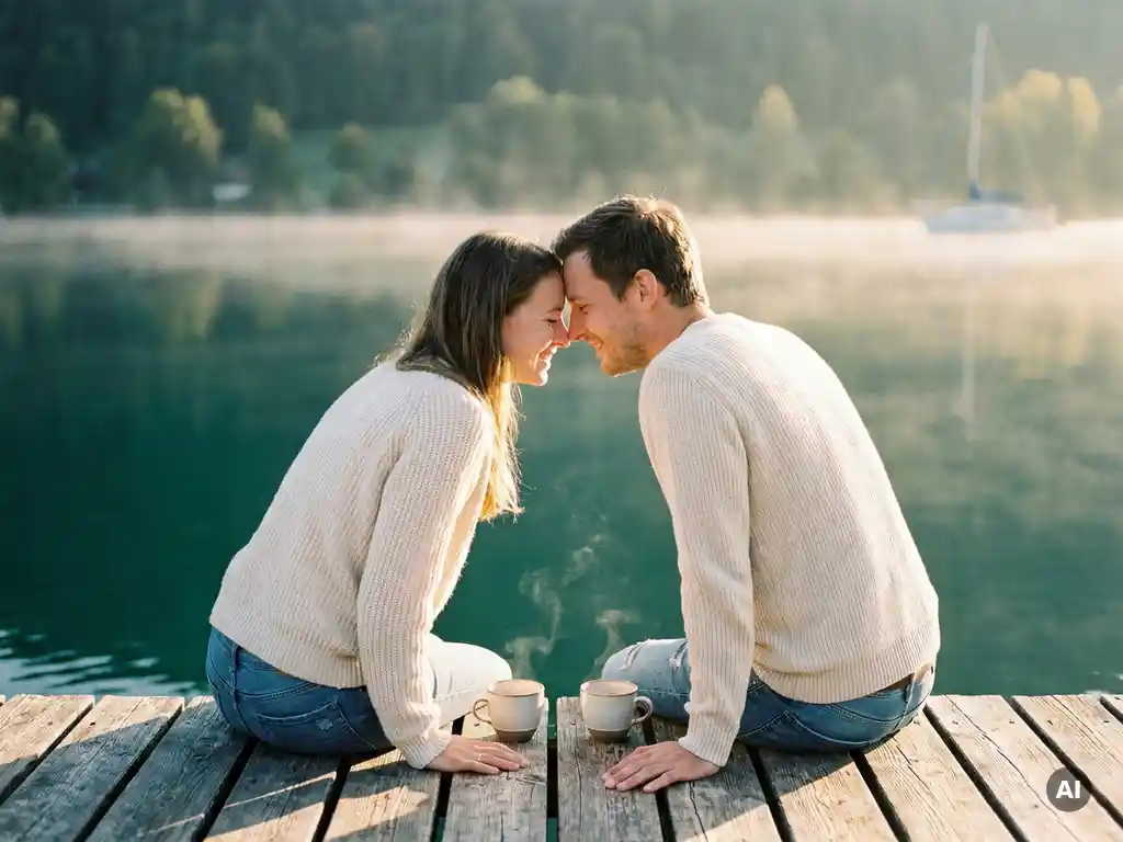 Paar sitzt auf einem Holzsteg am Bodensee, Kaffeetassen zwischen ihnen, morgendlicher Nebel über dem ruhigen Wasser.