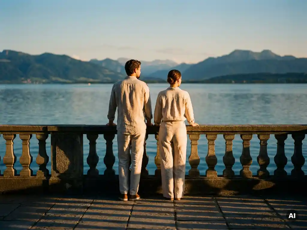 Selbstbewusstes Paar steht bei goldener Stunde auf einer Seeterrasse am Bodensee mit ruhigem Wasserreflexion im Hintergrund.