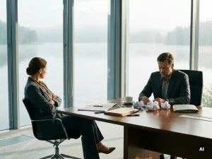 Paar sitzt an gegenüberliegenden Enden eines langen Bürotisches mit verstreuten Dokumenten, angespannte Körpersprache, Seenblick im Hintergrund.