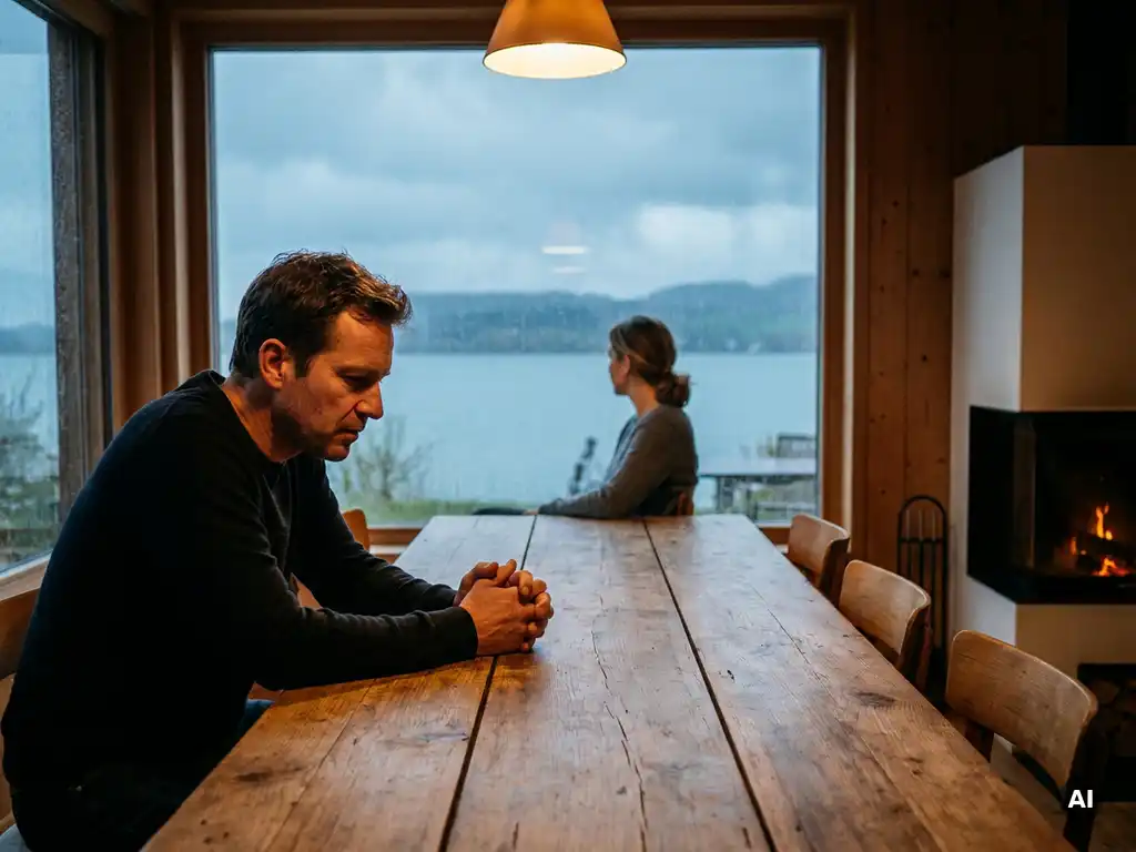 Paar sitzt weit voneinander entfernt an langem Holztisch in Seenähe, einer schaut zum regennassen Fenster mit Blick auf den Bodensee.