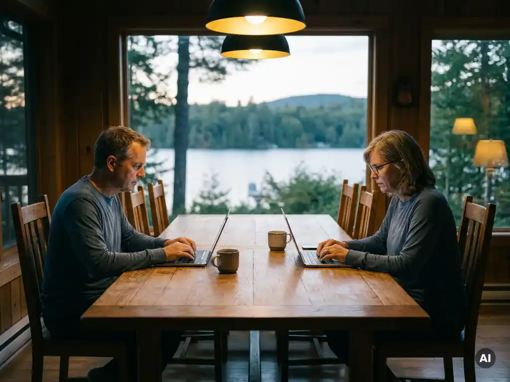 Paar sitzt schweigend an gegenüberliegenden Enden eines Holztisches am See, beide in Laptops vertieft, Kaffeetassen unberührt.