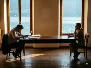 Paar sitzt an entgegengesetzten Enden eines Holztisches, Partner in Arbeit vertieft, anderer blickt nachdenklich zum Seefenster.