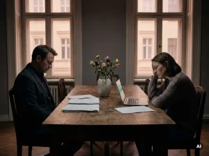 Ehepaar sitzt weit voneinander entfernt an langem Esstisch mit Finanzdokumenten und Laptop, welkende Blumen im Vordergrund.