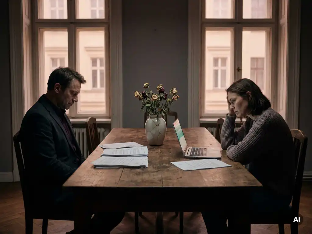 Ehepaar sitzt weit voneinander entfernt an langem Esstisch mit Finanzdokumenten und Laptop, welkende Blumen im Vordergrund.