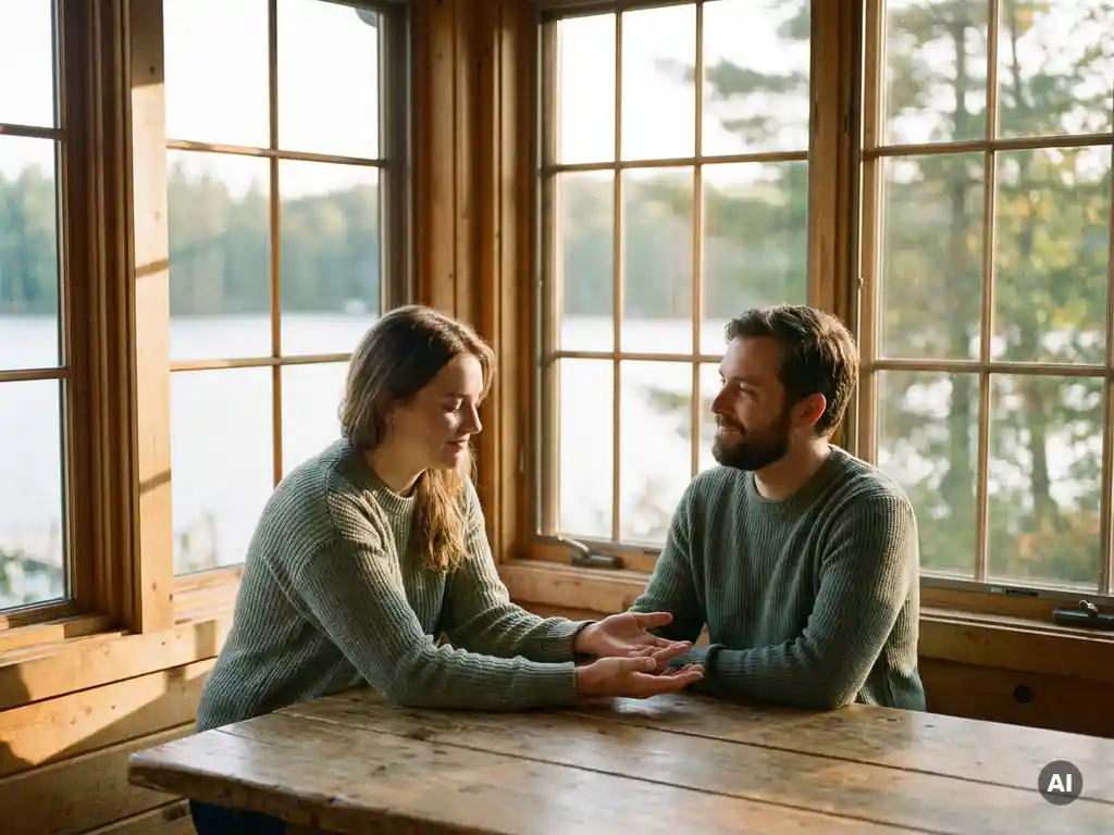 Paar am rustikalen Holztisch am See im Gespräch, Partner lehnt offen vor, warmes Nachmittagslicht, intime Atmosphäre.