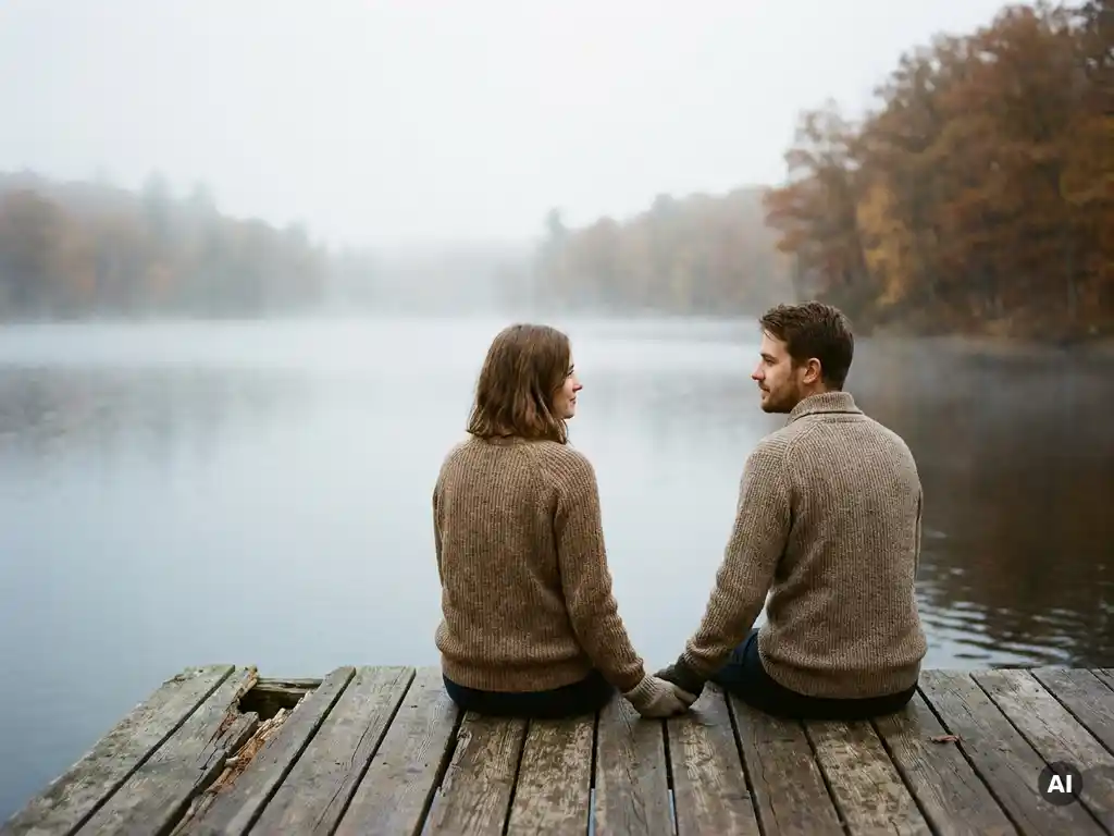 Paar auf verwittertem Holzsteg am nebligen Herbstsee, Partner hält sanft die Hände des anderen in stiller Geste der Zuversicht.