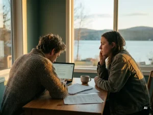 Paar am gemeinsamen Homeoffice-Schreibtisch: Partner arbeitet am Laptop, anderer blickt auf ruhigen See, kalter Kaffee zwischen ihnen.