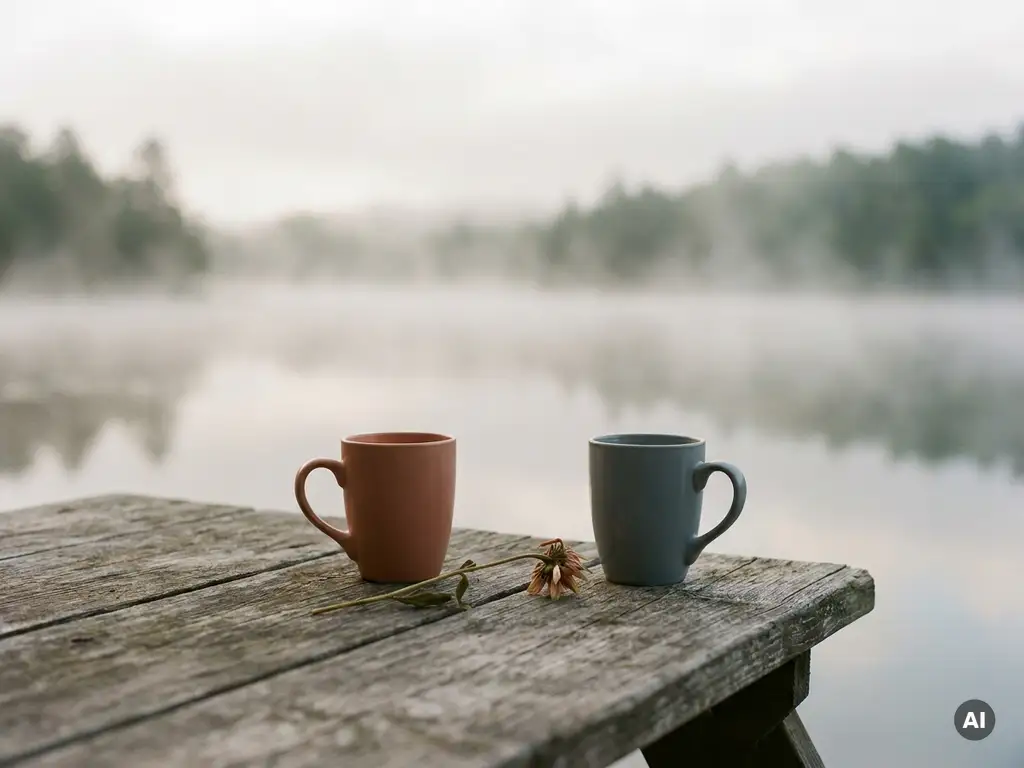 Zwei Kaffeetassen auf verwittertem Holztisch am See, voneinander abgewandt, welke Blume dazwischen, Morgennebel über stillem Wasser.