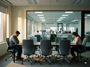 Paar sitzt an gegenüberliegenden Enden eines langen Konferenztisches in modernem Büro, angespannte Körpersprache, leere Stühle dazwischen.