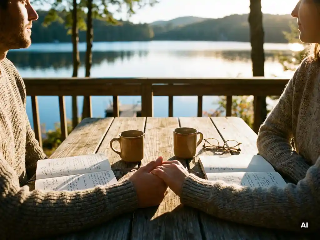 Paar hält Hände an sonnenbeschienem Holztisch am See, Kaffeetassen und Notizbücher im warmen Morgenlicht.