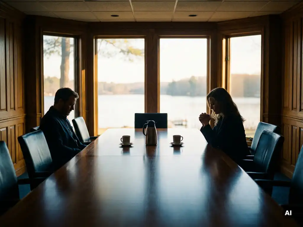 Paar sitzt weit voneinander entfernt an langem Konferenztisch, verschlossene Körpersprache, unberührte Kaffeetassen, Seeblick durch Panoramafenster.