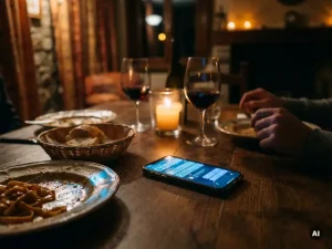 Smartphone mit Benachrichtigungen leuchtet auf einem Esstisch, dahinter zwei Weingläser und ein halbgegessenes Gericht im Kerzenlicht.