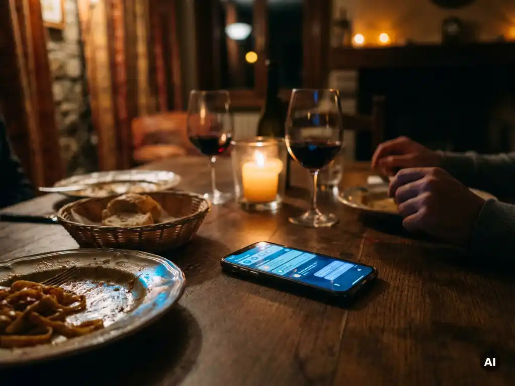 Smartphone mit Benachrichtigungen leuchtet auf einem Esstisch, dahinter zwei Weingläser und ein halbgegessenes Gericht im Kerzenlicht.